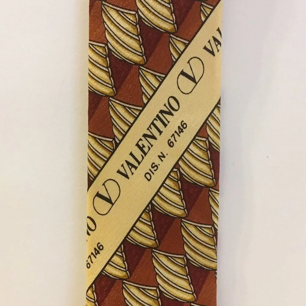 Valentino Cravatte Neck Tie 100% Silk Rust Brown Gold Handmade Geometric Pattern